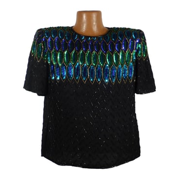 Sequin Shirt Top Vintage 1970s 70s Disco Blouse Stenay Silk Black  Women's S 