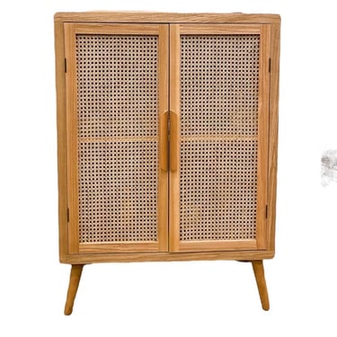 Free Shipping Within Continental US - Mid Century Modern Style Tall Wood Cabinet with 2 Woven Cane Doors 