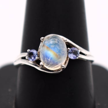 80's rainbow moonstone tanzanite sterling size 10 ring, STS 925 silver gemstones swoop bling ring 