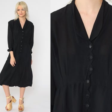 Vintage 1960s Black Midi Dress Shawl Collar 3/4 Sleeve Button Up High Waist Vintage 60s Minimalist Mad Men Long Sleeve Dress Large xl 