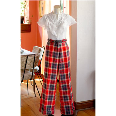 Vintage Plaid Pants - 1970s - Super High Waisted - Wide Leg - Fall - Red 