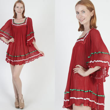 Red Mexican Gauze Micro Mini Dress Lightweight Thin Kimono Bell Sleeves Vintage Crochet Lace Angel Top 