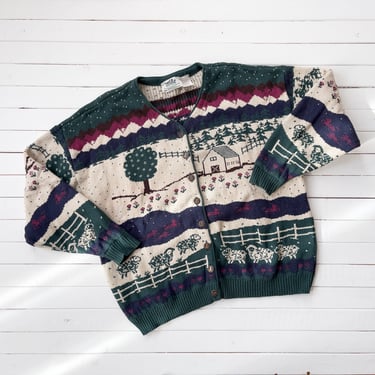 cute cottagecore sweater | 80s 90s plus size vintage Northern Reflections green sheep farm country scenic streetwear aesthetic cardigan 