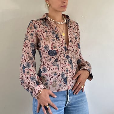 70s floral blouse / vintage pink semi sheer wool blend wallpaper floral pin tuck peter pan collar cropped blouse | Small 
