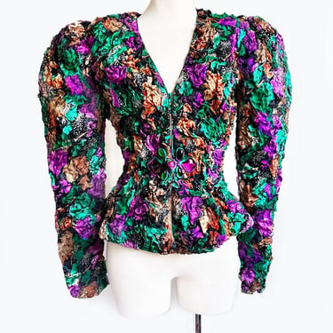 1980's Designer Dynasty style Women's Evening Jacket, Puff Sleeves Silk Jewels Colorful Vintage Blazer Dress Suit 