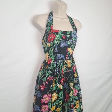 Vintage 90s Black Floral Halter Sun Dress 