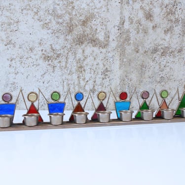 Stained Glass Menorah with Children Holding Hands - Glass and Metal Chanukah Lamp 