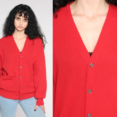 Red Cardigan Sweater 80s Sweater Knit Sweater Button Up 1980s Grandpa Plain Acrylic V Neck Slouchy Vintage Retro Button Down Large L 