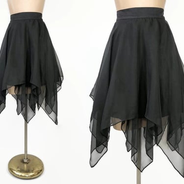 VINTAGE 80s Sheer Black Chiffon Gothic Handkerchief Party Skirt | 1980s Dark Fairy Skirt Wednesday Addams | VFG 