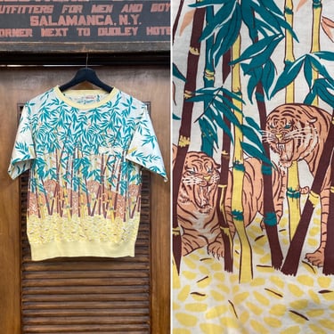 Vintage 1950’s Jungle Tiger Cartoon Pullover Tropical Hawaiian Top, 1950’s Shirt 