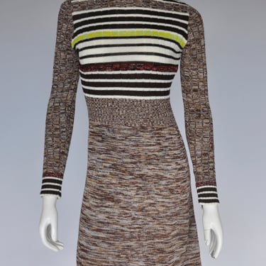 vintage 1970s brown striped knit sweater dress w/ mock neck XS/S 