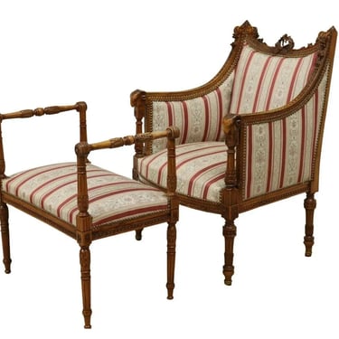 Antique Bergere &amp; Stool, Louis XVI Style, Upholstered, Walnut, Nailhead Tr 1800s