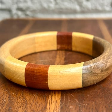 Vintage Wooden Bangle Bracelet Marquetry Woodwork Handmade Retro Fashion Jewelry 