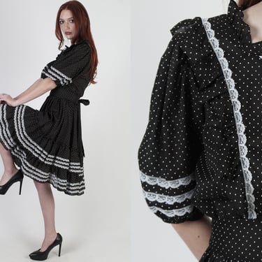 Black Western Honky Tonk Dress / 70s Polka Dot Square Dancing Dress / Womens White Lace Full Tiered Skirt 