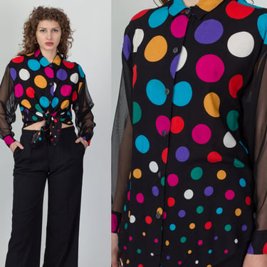 80s Rainbow Polka Dot Blouse - Medium | Vintage Sheer Long Sleeve Button Up Shirt 