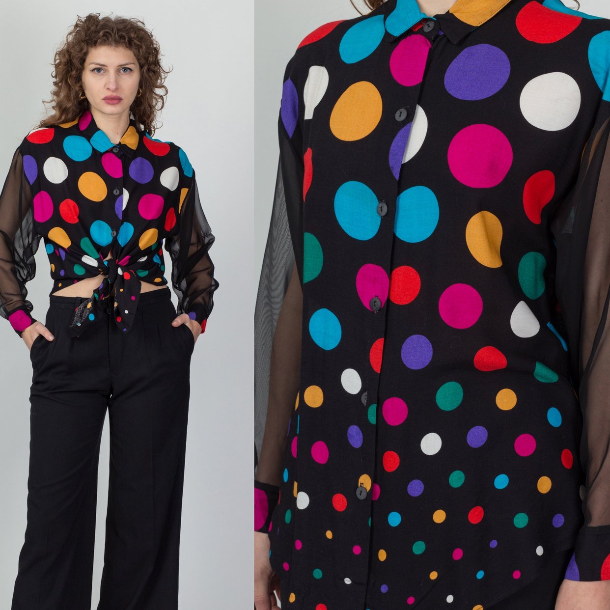 80s Rainbow Polka Dot Blouse - Medium | Vintage | Flying Apple