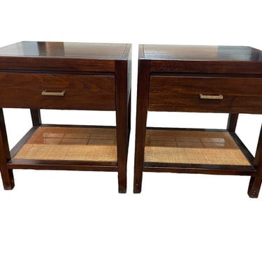 Pair Crate &amp; Barrel Wood Dawson End Tables w Drawer &amp; Wicker Shelf EK221-12