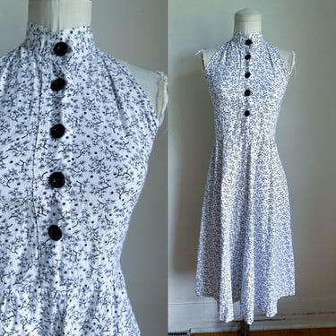 Vintage 1950s Black & White Floral Halter Dress / XS 