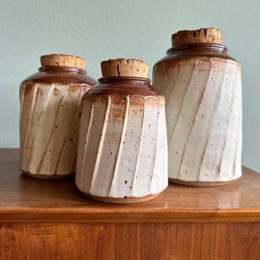 1970s Alyce Flitcraft canister set / large vintage studio pottery storage jars with natural corks / PNW ceramic art for your kitchen 