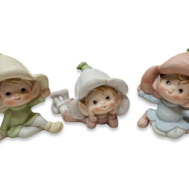 3 Vintage Pixie Lilies Figurines, 5615 Homco Home Interiors Tulip Flower Hat Elf Set, Porcelain Shelf Elves, Vintage Home Garden Decor NIB 