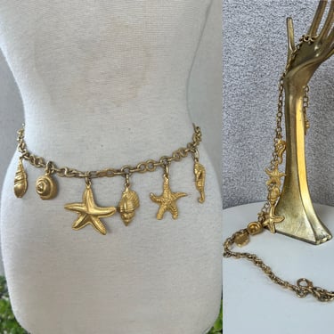 Vintage 80s chain belt gold tones shells theme fit 28-36” by The Limited 