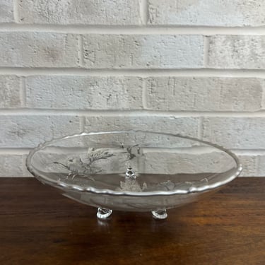 Beautiful Vintage Silver City Glass Footed Bowl with Sterling Floral Overlay 