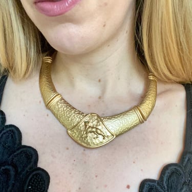 Designer Jackie Collins Hammered Gold Panther Collar Necklace