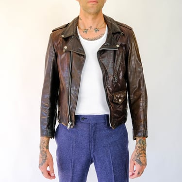 Vintage Schott Dark Brown Leather Destroyed Asymmetrical Motorcycle Jacket | 100% Genuine Leather | 1960s 1970s Brown Leather Biker Jacket 