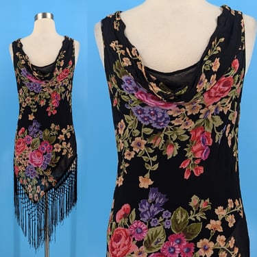 Vintage Temptation Whimsigoth Fringed Floral Sleeveless Tunic - Medium Cowl Neck Y2K Romantic Top 