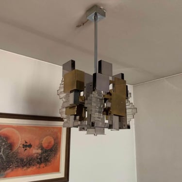 mid century Modern Sciolari Brass Chrome Chandelier Hanging Ceiling Lamp Italian 