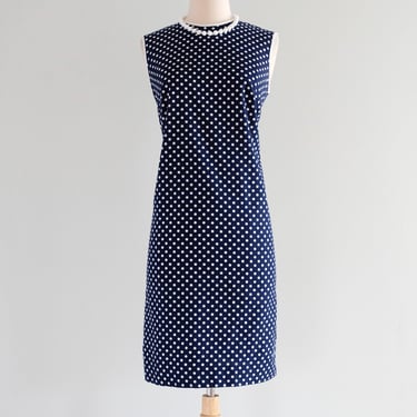 Adorable Vintage 1960's Navy Polka Dot Shift Dress / M