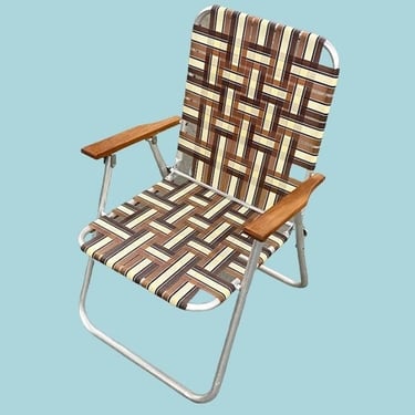 Vintage Lawn Chair Retro 1970s Brown and Beige + Vinyl Webbing + Silver Aluminum Frame + Folds Up + Outdoor Seating + Patio Furniture 