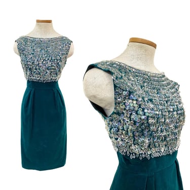 Vtg 60s Ultra Glam Teal Velvet Iridescent Beading Sequin Wiggle Cocktail Dress 