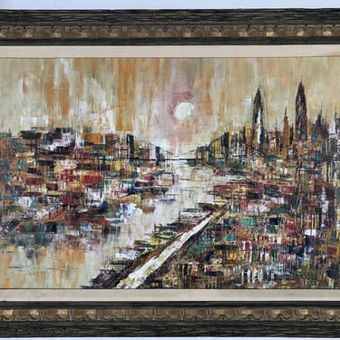 Framed Mid Century Oil Painting of Bridge and CityScape Signed by M. Dick 