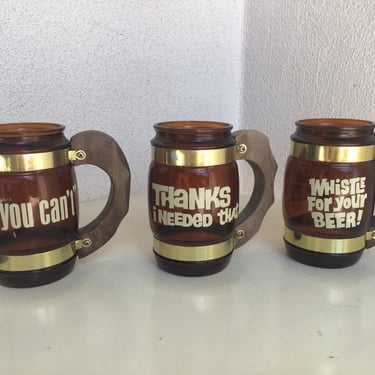 Vintage western barware  mug set 3 Siesta Ware wood handles amber glass kitsch sayings 
