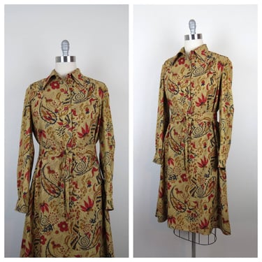 Vintage 1970s shirtwaist paisley dress rayon india shirt dress autumnal 