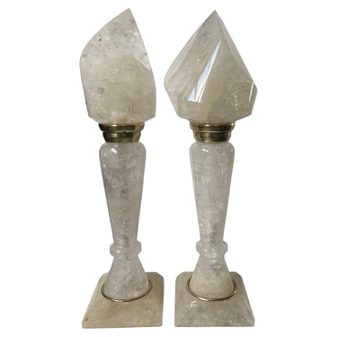 Pair of 20th C. Rock Crystal Lamps with Flame-Style Shades and Brass Details