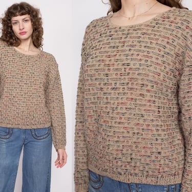 80s 90s Brown Patterned Knit Sweater - Medium | Vintage Grunge Slouchy Pullover 