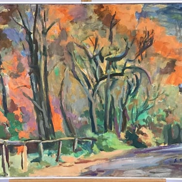 Vintage 1970's Anthony Ferrara Large Oil Painting "Autumn Scene by Road" Fairmount Park Philadelphia 