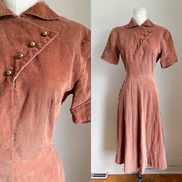 Vintage 1940s Chocolate Brown Corduroy Dress / XS 