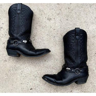 Vintage 90s Black Genuine Leather Studded Heart Mid Calf Silver Tip Western Boot Size 7.5 