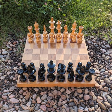 Extra Large Vintage Mexican Wooden Chess Set with Folding Chess Board 