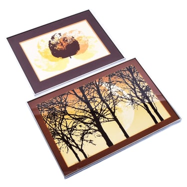 Pair of Vintage 1970s Earth Tone Signed Limited Edition Prints With Trees and Leaves 