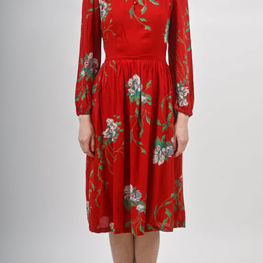 Late 1970s Does 1930s Red Green and White Floral Cotton Dress