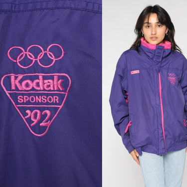 90s Columbia Jacket 1992 Winter Olympics Jacket Purple Windbreaker Zip Up Pink Embroidered Kodak Sponsor Ski Jacket Vintage 1990s Large L 