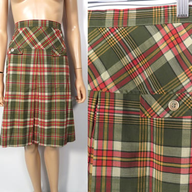 Vintage 60s Fall Plaid Cotton High Waist Pleat Front Midi Skirt Size XS/XXS 