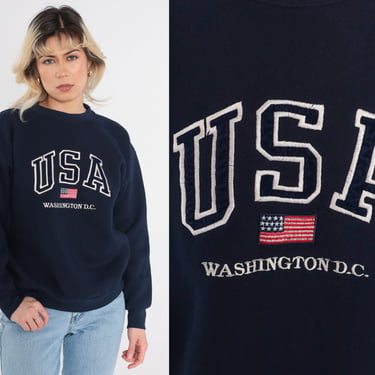 USA Sweatshirt 90s Washington DC Sweatshirt Navy Blue Pullover Crewneck Sweater American Flag Graphic Shirt Streetwear Vintage 1990s Medium 