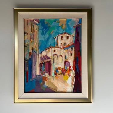 70's Rosenzberg Colorful Townscape Oil Painting on Canvas, Framed 