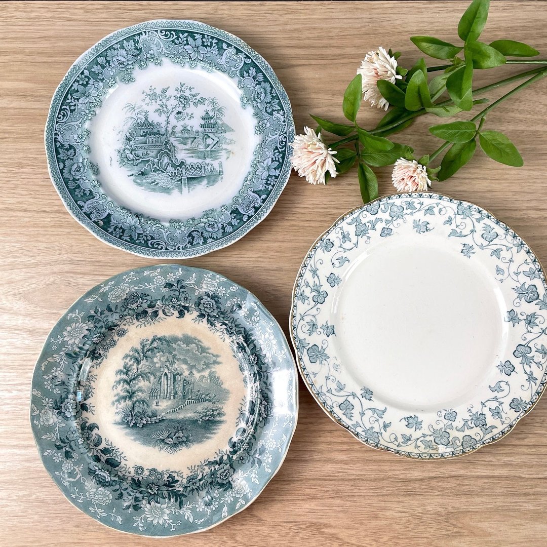 Three antique transferware plates teal blue decorative plates