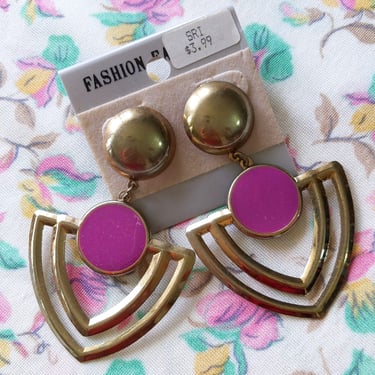 Deadstock Large Vintage 80s 90s Purple & Metal Statement Earrings 